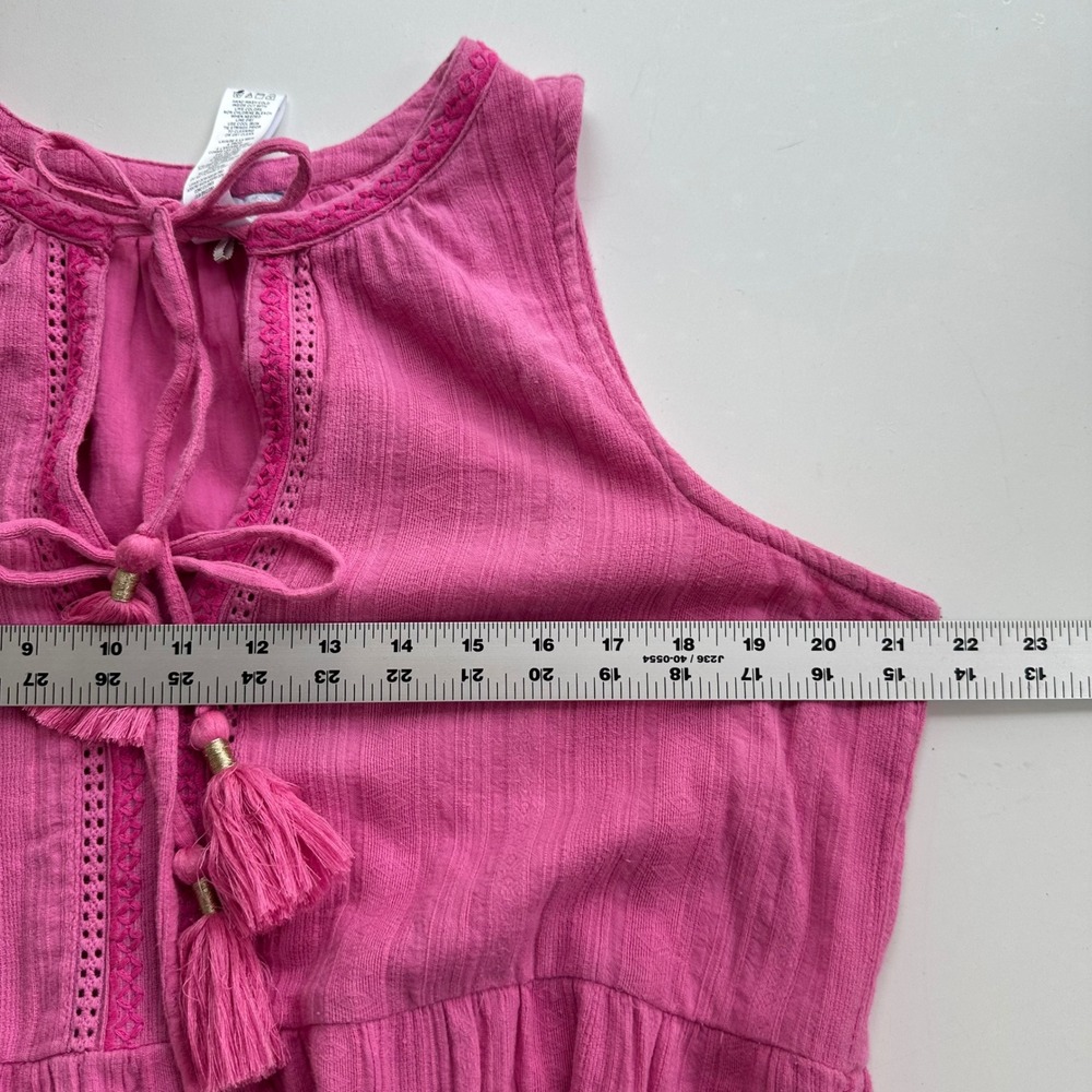 Tommy Bahama Pink Cotton Double Gauze Tiered Dress Womens L Tassel Pockets Mini - Picture 6 of 9